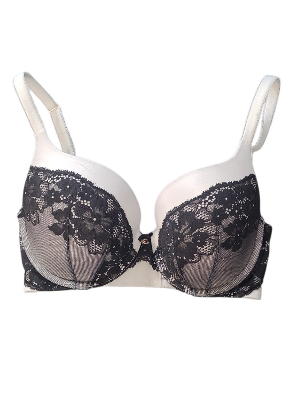 Victoria's Secret White Bra with Black Floral Lace Overlay